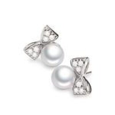 Aretes de perla de agua dulce redonda blanca AAA con lazo de cristal de plata esterlina