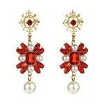 Aretes colgantes estilo vintage con perlas de imitación y cristal rojo