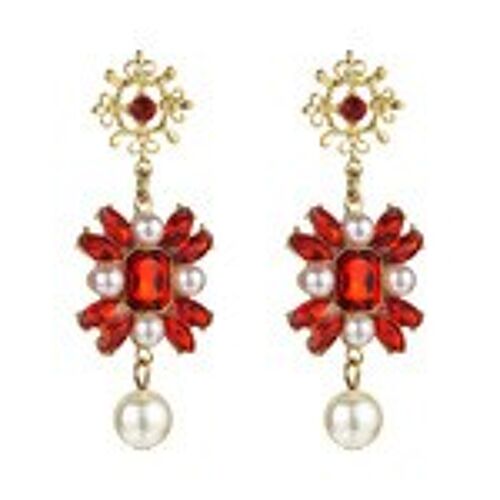 Red Crystal and Faux Pearl Vintage Style Drop Earrings