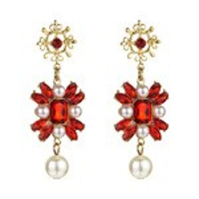 Aretes colgantes estilo vintage con perlas de imitación y cristal rojo