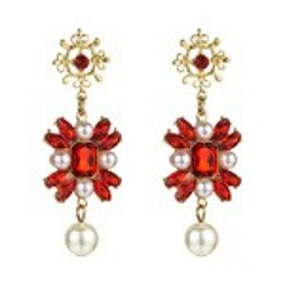 Red Crystal and Faux Pearl Vintage Style Drop Earrings