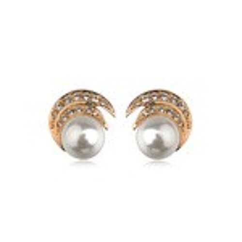 Rose Goldplated Round Simulated Pearl with Double Crystal Crescent