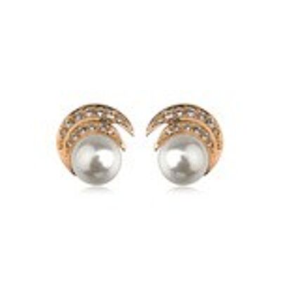 Rose Goldplated Round Simulated Pearl with Double Crystal Crescent