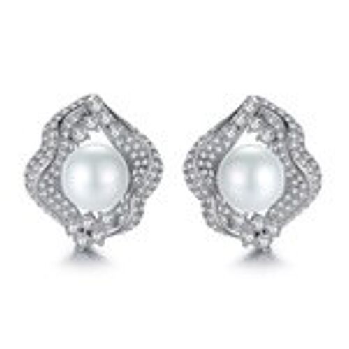 White Gold Plated Simulated Round Pearl with Cubic Zirconia Crystal Pave Set Flower Stud Earrings