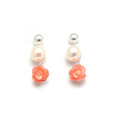 Sterling silver drop stud earrings with freshwater pearl and orange sponge coral flower