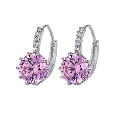 Boucles d'oreilles créoles rondes en saphir rose simulé avec zircon cubique et cristal plaqué or blanc