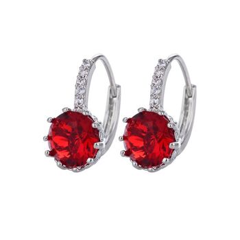 Boucles d'oreilles créoles rondes plaquées or blanc avec cristal de zircon cubique rubis rouge simulé