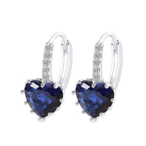 Simulated Sapphire Cubic Zirconia Crystal Heart White Gold Plated Hoop Earrings