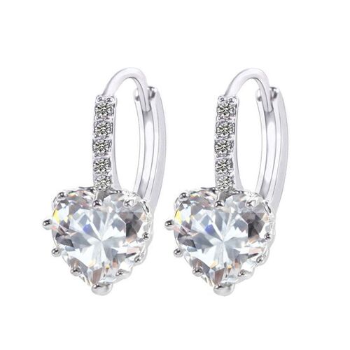 Simulated Diamond Cubic Zirconia Crystal Heart White Gold Plated Hoop Earrings