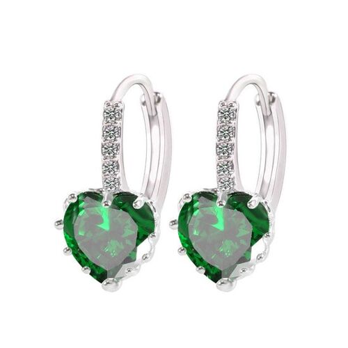 Simulated Emerald Cubic Zirconia Crystal Heart White Gold Plated Hoop Earrings