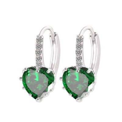 Pendientes de aro chapados en oro blanco con corazón de cristal de circonita cúbica de esmeralda simulada