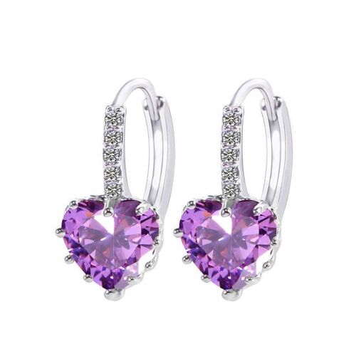 Simulated Amethyst Cubic Zirconia Crystal Heart White Gold Plated Hoop Earrings