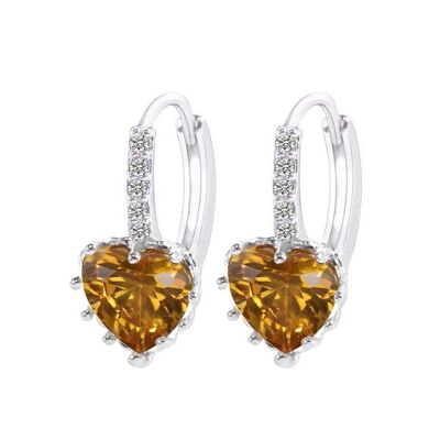 Simulated Citrine Cubic Zirconia Crystal Heart White Gold Plated Hoop Earrings