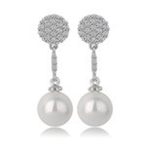 White Gold Plated Cubic Zirconia Crystal Pave Set Button with Shell Pearl Drop Stud Earrings
