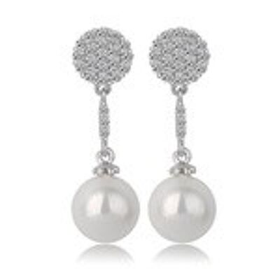 White Gold Plated Cubic Zirconia Crystal Pave Set Button with Shell Pearl Drop Stud Earrings