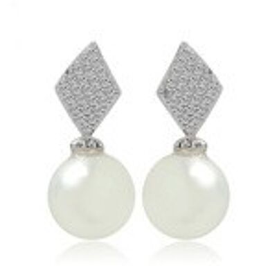 White Gold Plated Diamond Shape Cubic Zirconia Crystal Pave Set with Round Shell Pearl Drop Stud Earrings