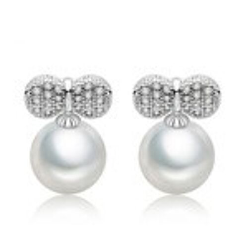 Adorable White Gold Plated Round Shell Pearl with Cubic Zirconia Crystal Pave Set Bow Stud Earrings