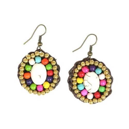 Handmade Oval Stone with Colourful Bead Wax Cord Drop Earrings