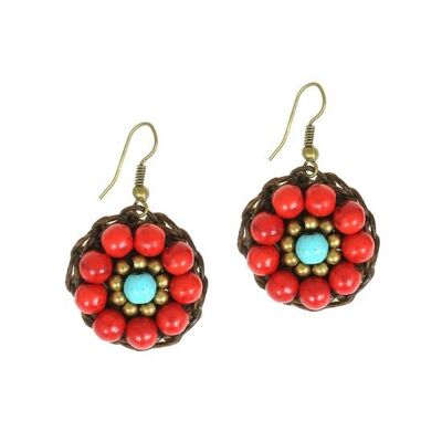 Handmade Red & Turquoise Flower Wax Cord Drop Earrings