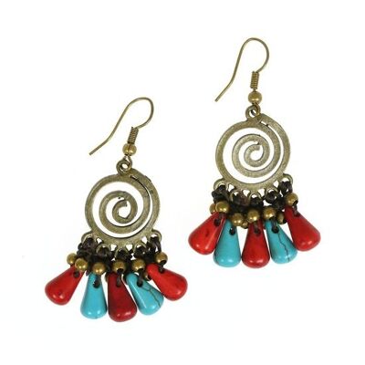 Handmade Turquoise & Red Beads with Spiral Brass Drop Earrings