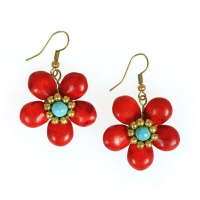 Pendientes colgantes hechos a mano con flor de piedra roja y abalorios