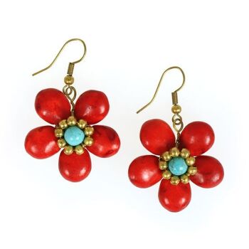 Fleur en pierre rouge faite à la main avec boucles d'oreilles pendantes en perles