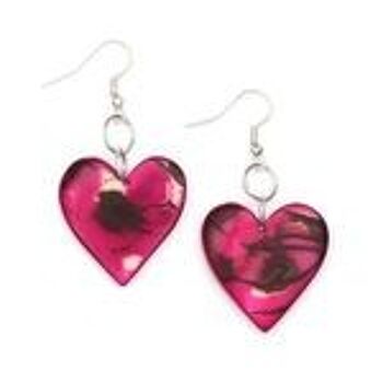 Boucles d'Oreilles Pendantes Tagua Coeur Fuchsia avec Effet Marbre 1