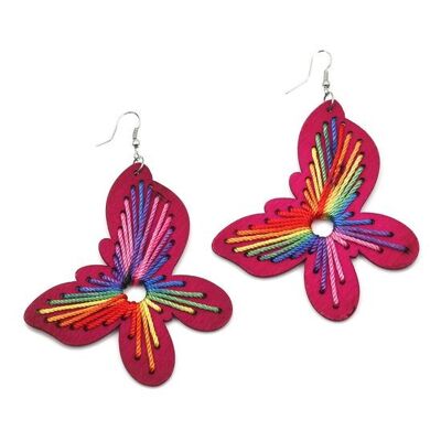 Boucles d'Oreilles Pendantes Papillon en Bois Fuchsia avec Fil Arc-en-Ciel