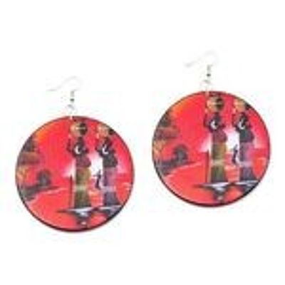 Grandes Boucles D'Oreilles Pendantes Disque Ethnique Rouge En Bois, Dos Noir