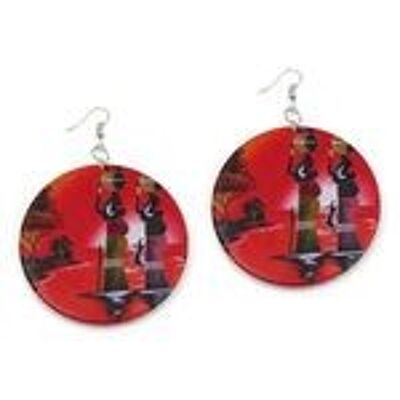 Grandes Boucles D'Oreilles Pendantes Disque Ethnique Rouge En Bois, Dos Blanc
