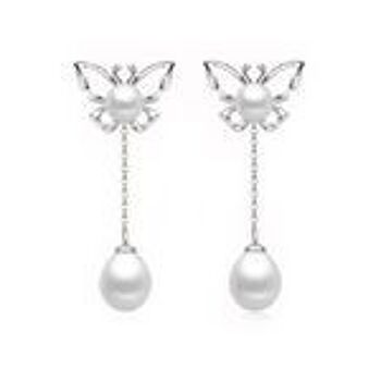 Boucles d'oreilles pendantes en argent sterling poinçonné papillon avec perle de culture d'eau douce blanche AAA 1