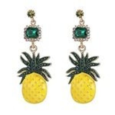 Boucles d'Oreilles Pendantes Style Vintage Ananas Jaune avec Cristal Vert