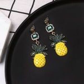 Boucles d'Oreilles Pendantes Style Vintage Ananas Jaune avec Cristal Vert 4