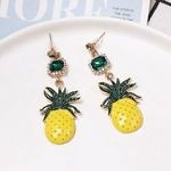 Boucles d'Oreilles Pendantes Style Vintage Ananas Jaune avec Cristal Vert 5