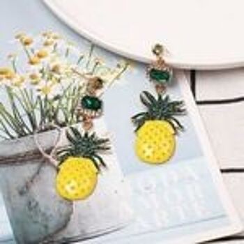 Boucles d'Oreilles Pendantes Style Vintage Ananas Jaune avec Cristal Vert 6