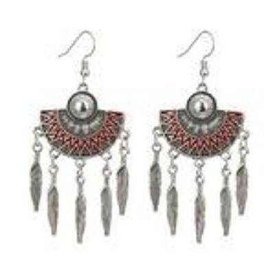 Boucles d'oreilles en forme d'éventail tribal rouge avec plumes argentées style vintage