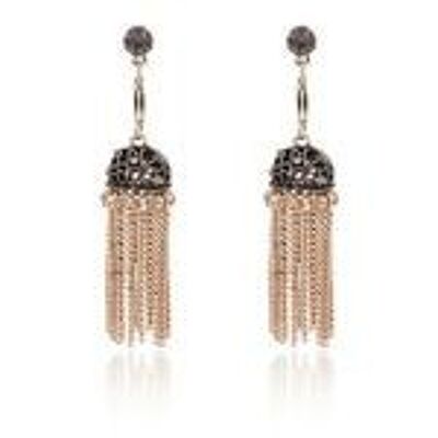Pendientes colgantes estilo vintage con filigrana de cristal tribal con borla en tono dorado antiguo