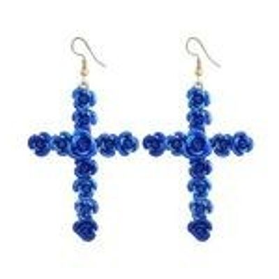 Blue Glossy Rose Cross Art Nouveau Vintage Style Statement Drop Earrings