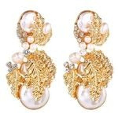 Pearl Crystals Golden Leaf Baroque Vintage Style Statement Drop Earrings