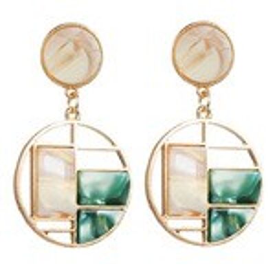 Boucles d'Oreilles Pendantes Disque Patchwork Effet Marbre Vert et Beige