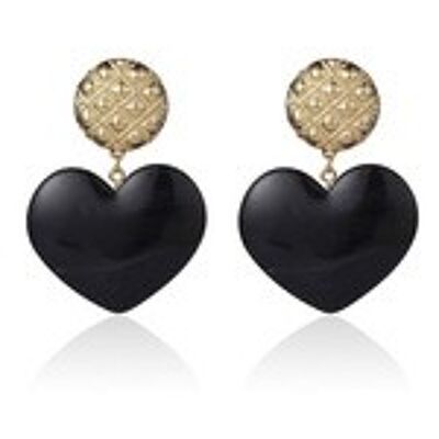 Boucles d'Oreilles Pendantes Coeur Effet Marbre Noir avec Bouton Motif Grille