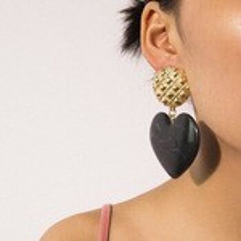 Boucles d'Oreilles Pendantes Coeur Effet Marbre Noir avec Bouton Motif Grille 3