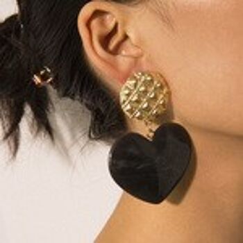 Boucles d'Oreilles Pendantes Coeur Effet Marbre Noir avec Bouton Motif Grille 4