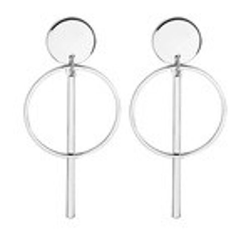 Disc and Bar Silver Tone Hoop Drop Earrings