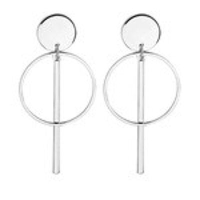 Disc and Bar Silver Tone Hoop Drop Earrings