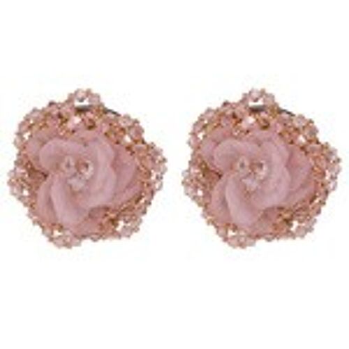 Oversized Pink Flower with Crystal Beads Statement Earrings