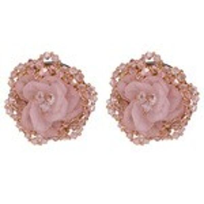 Oversized Pink Flower with Crystal Beads Statement Earrings