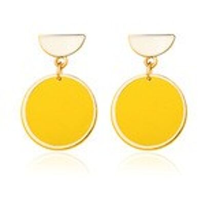 Yellow Disc and Half Mood Gold Tone Hoop Drop Earrings