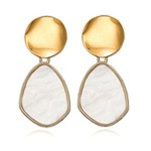 Gold Tone Disc with White Marble Effect Drop Earrings