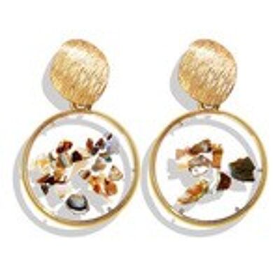 Boucles d'oreilles pendantes dorées texturées avec disque et flocons de coquillages